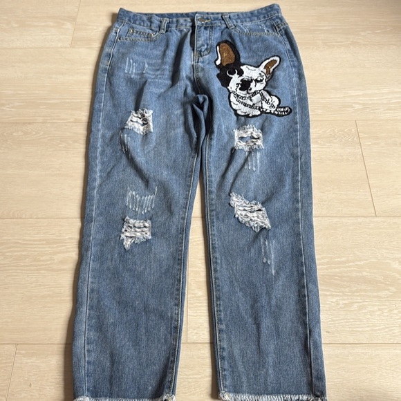 3/$10 Blue Relaxed Jeans Distressed Details French Bulldog Rhinestone Accent - Picture 2 of 8